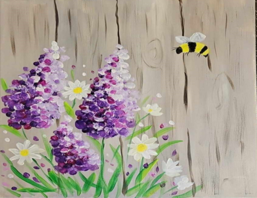 Painting of lilacs, honey bee on a birch bark background